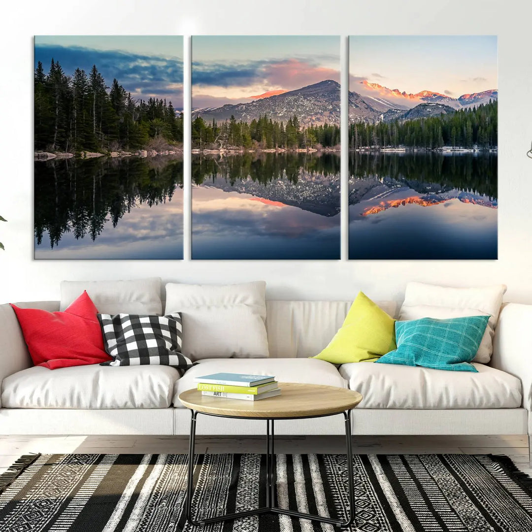 A framed canvas print titled "Bear Lake Reflections at Rocky Mountain National Park," showcasing breathtaking mountain and lake scenery at sunset, is displayed.