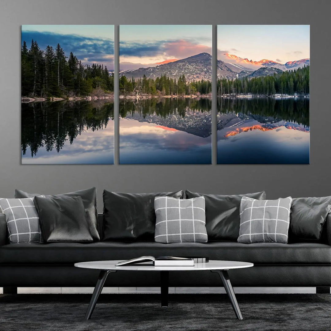 A framed canvas print titled "Bear Lake Reflections at Rocky Mountain National Park," showcasing breathtaking mountain and lake scenery at sunset, is displayed.