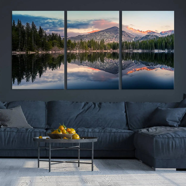 A framed canvas print titled "Bear Lake Reflections at Rocky Mountain National Park," showcasing breathtaking mountain and lake scenery at sunset, is displayed.