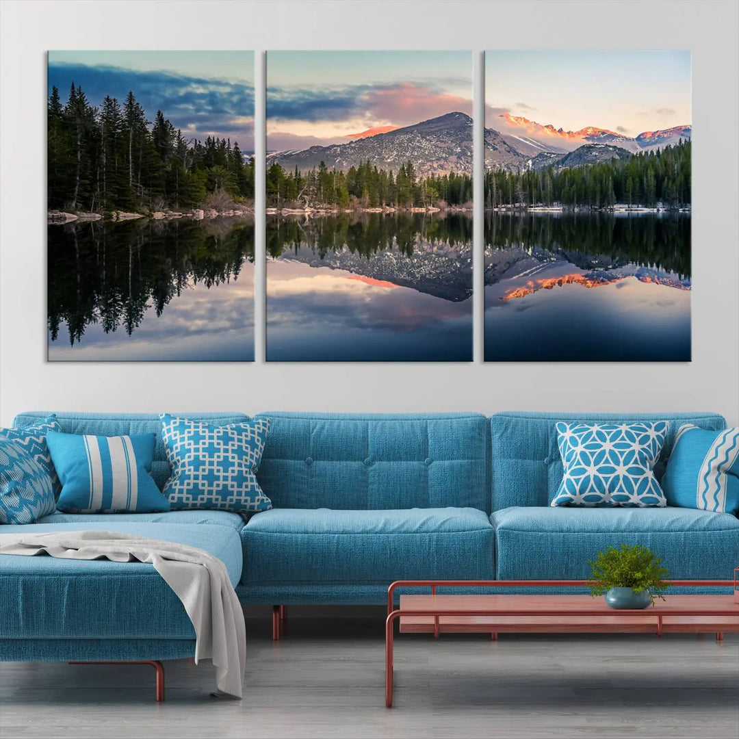 A framed canvas print titled "Bear Lake Reflections at Rocky Mountain National Park," showcasing breathtaking mountain and lake scenery at sunset, is displayed.