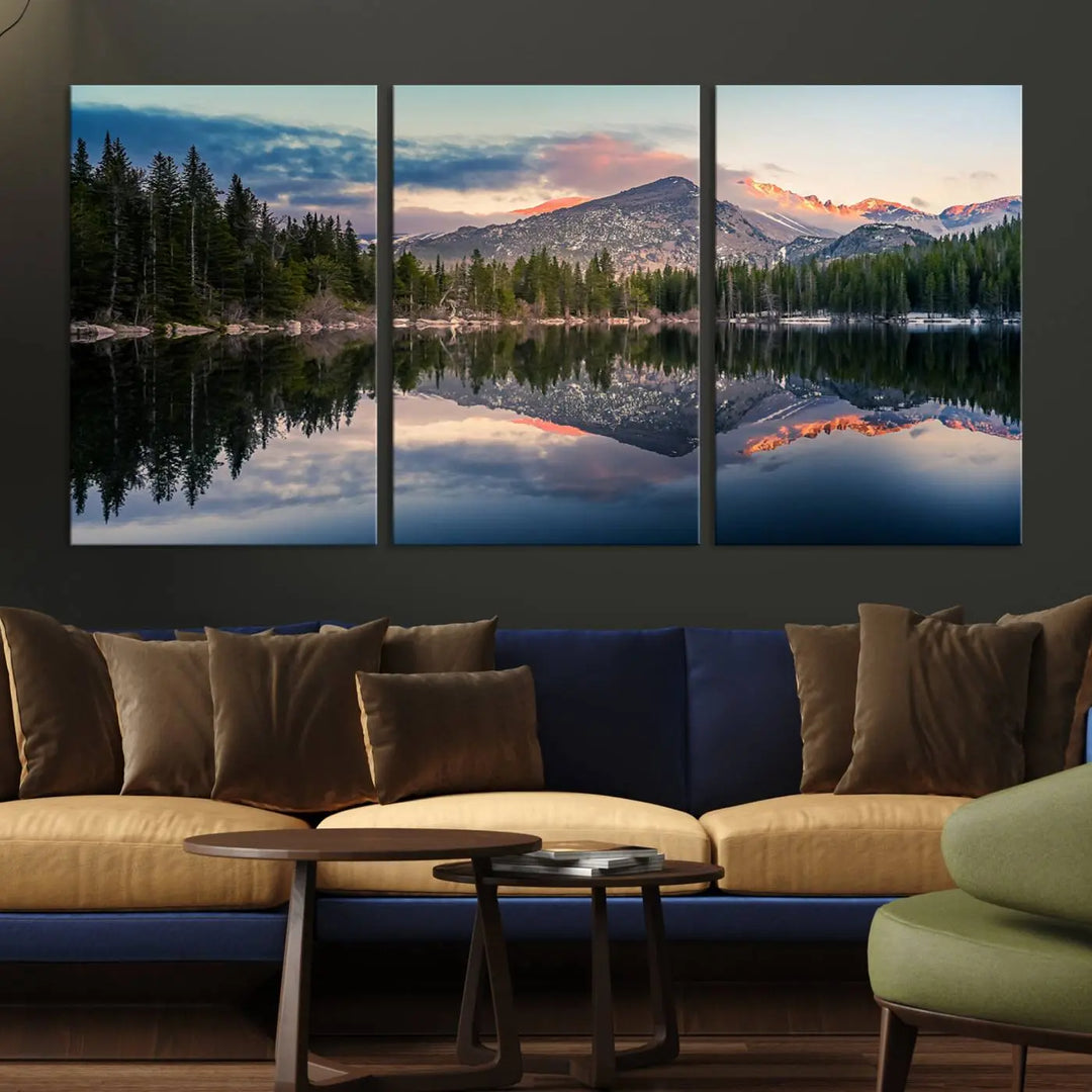 A framed canvas print titled "Bear Lake Reflections at Rocky Mountain National Park," showcasing breathtaking mountain and lake scenery at sunset, is displayed.