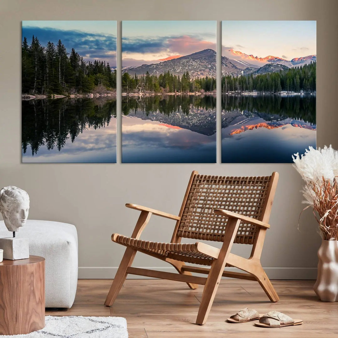 A framed canvas print titled "Bear Lake Reflections at Rocky Mountain National Park," showcasing breathtaking mountain and lake scenery at sunset, is displayed.