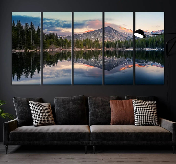 A framed canvas print titled "Bear Lake Reflections at Rocky Mountain National Park," showcasing breathtaking mountain and lake scenery at sunset, is displayed.