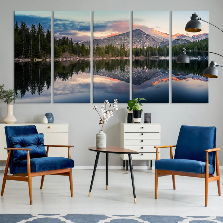 A framed canvas print titled "Bear Lake Reflections at Rocky Mountain National Park," showcasing breathtaking mountain and lake scenery at sunset, is displayed.