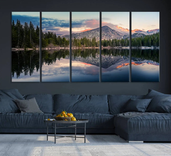 A framed canvas print titled "Bear Lake Reflections at Rocky Mountain National Park," showcasing breathtaking mountain and lake scenery at sunset, is displayed.