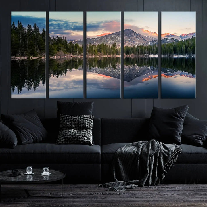 A framed canvas print titled "Bear Lake Reflections at Rocky Mountain National Park," showcasing breathtaking mountain and lake scenery at sunset, is displayed.