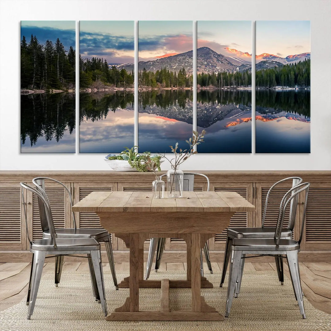 A framed canvas print titled "Bear Lake Reflections at Rocky Mountain National Park," showcasing breathtaking mountain and lake scenery at sunset, is displayed.