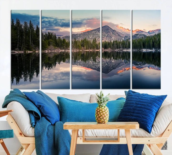 A framed canvas print titled "Bear Lake Reflections at Rocky Mountain National Park," showcasing breathtaking mountain and lake scenery at sunset, is displayed.