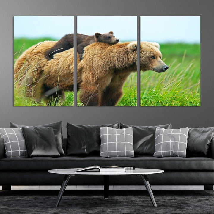 Bear and Cub Canvas Print Black and White Animal Wall Art Cabin Wall