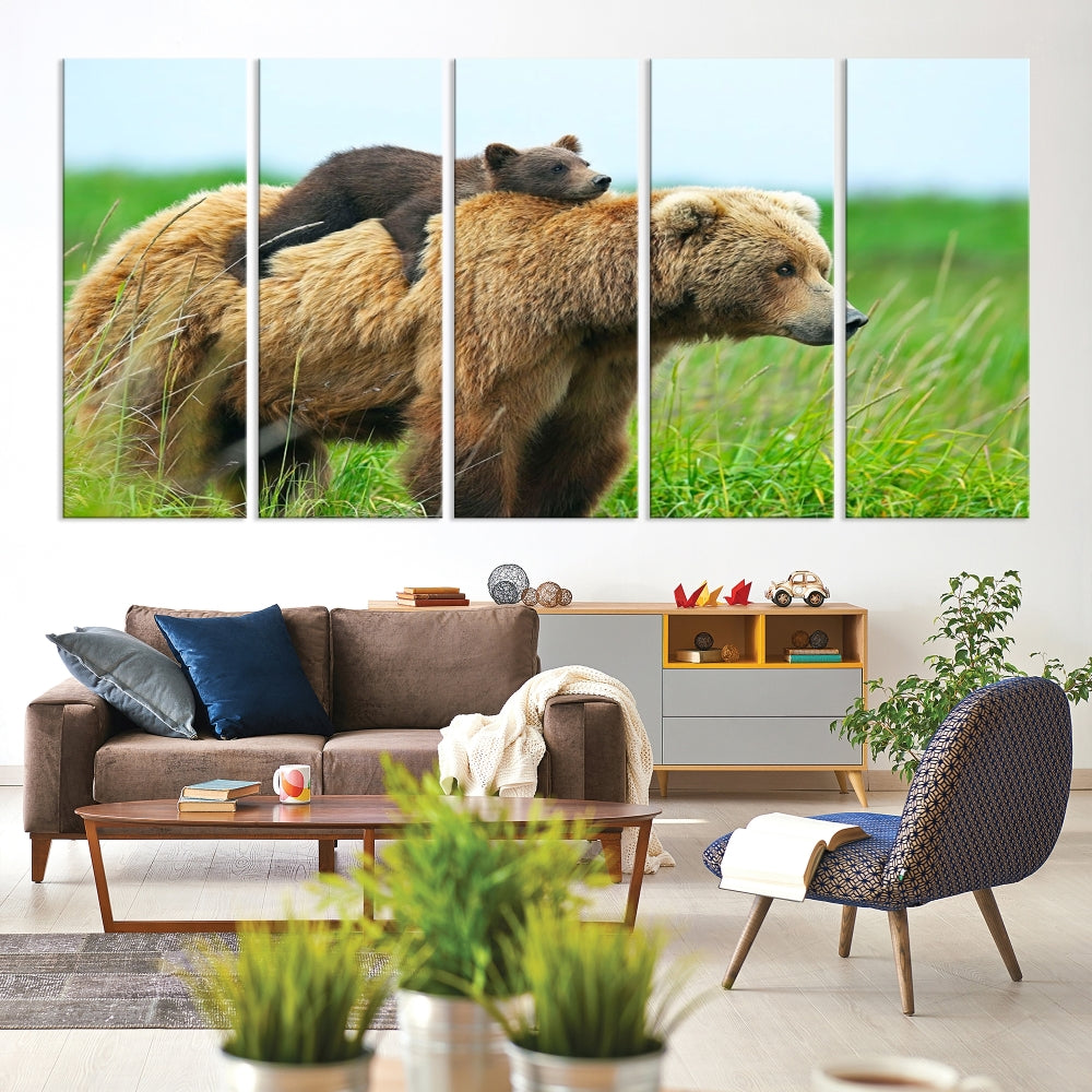 Edit-Images-Bear and Cub Canvas Print Black and White Animal Wall Art Cabin Wall