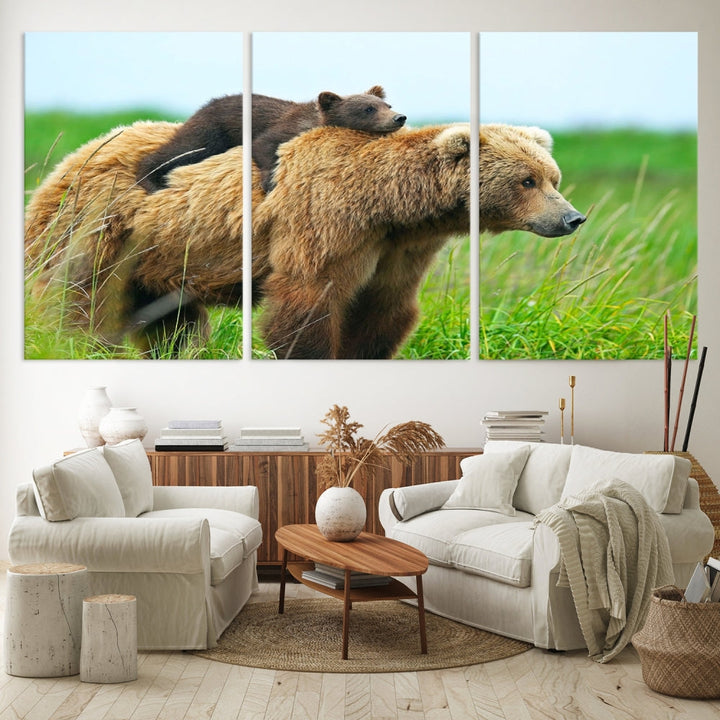 Bear and Cub Canvas Print Black and White Animal Wall Art Cabin Wall
