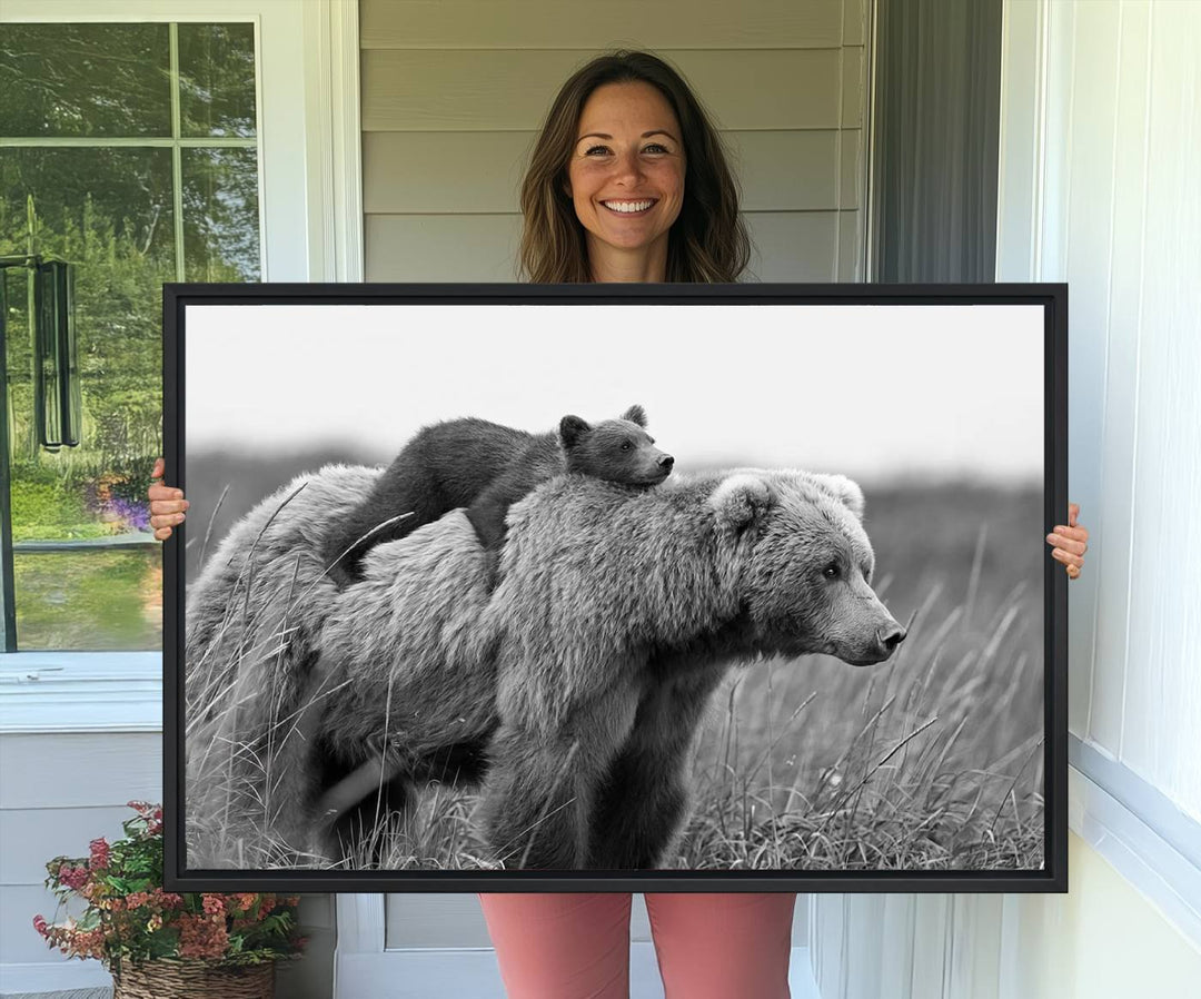Bear and Cub Wall Art Canvas | 399 Bear Cub Wildlife-Inspired Animal Art for Living Room or Office | Grizzly Bear Print of Photography