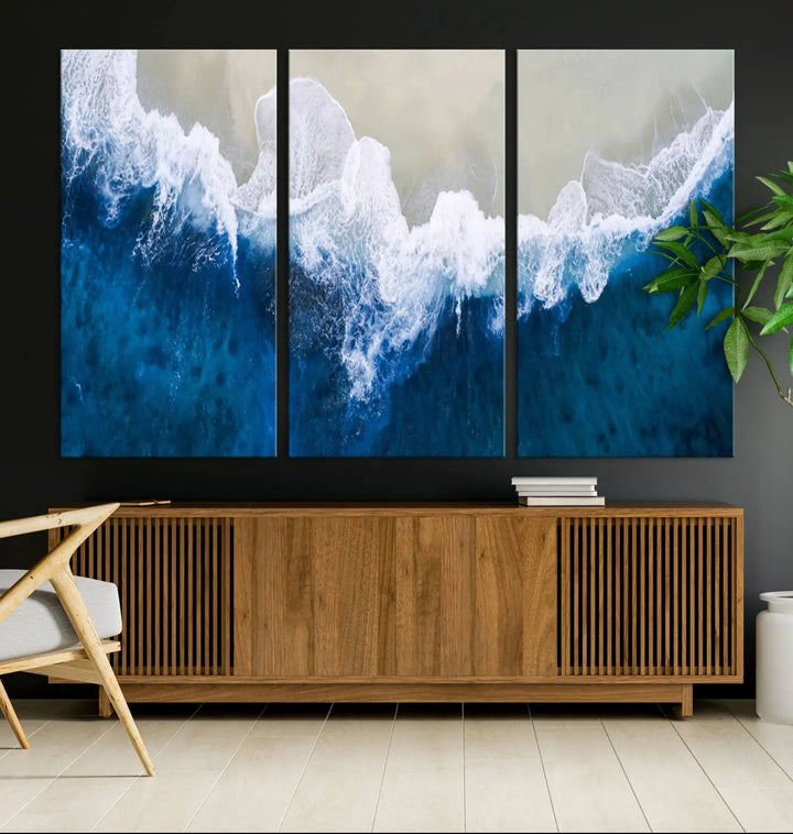 The living room is complemented by the Beautiful Aerial Beach Canvas Wall Art on museum-quality canvas.