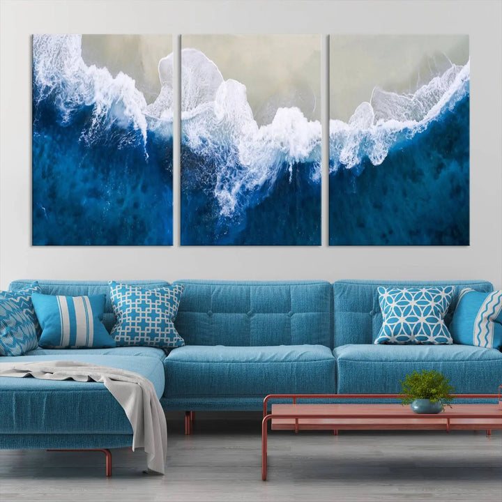 The living room is complemented by the Beautiful Aerial Beach Canvas Wall Art on museum-quality canvas.