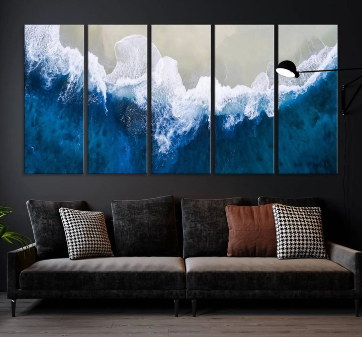 The living room is complemented by the Beautiful Aerial Beach Canvas Wall Art on museum-quality canvas.