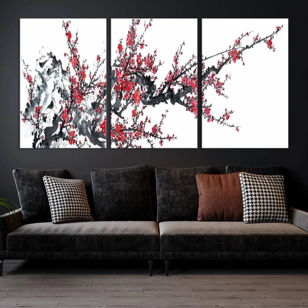 The "Beautiful Cherry Blossom Canvas Print Wall Art" showcases vibrant red cherry blossoms on a monochrome background, featuring museum-quality canvases and a gallery-wrapped finish.