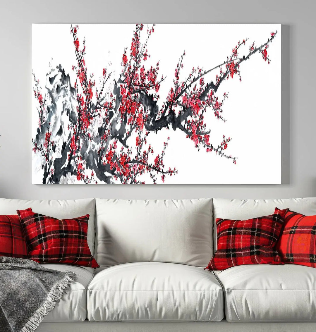 The "Beautiful Cherry Blossom Canvas Print Wall Art" showcases vibrant red cherry blossoms on a monochrome background, featuring museum-quality canvases and a gallery-wrapped finish.