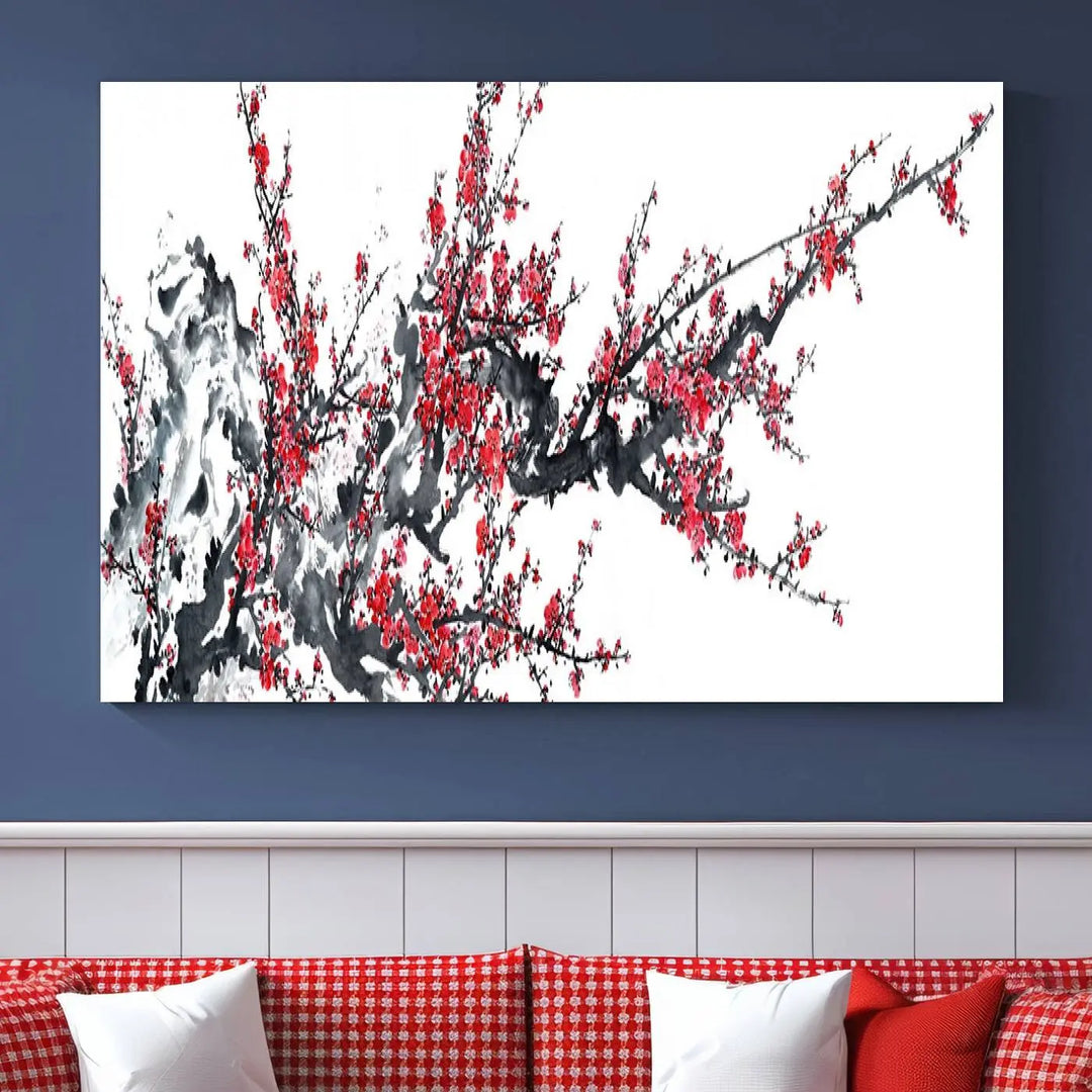 The "Beautiful Cherry Blossom Canvas Print Wall Art" showcases vibrant red cherry blossoms on a monochrome background, featuring museum-quality canvases and a gallery-wrapped finish.