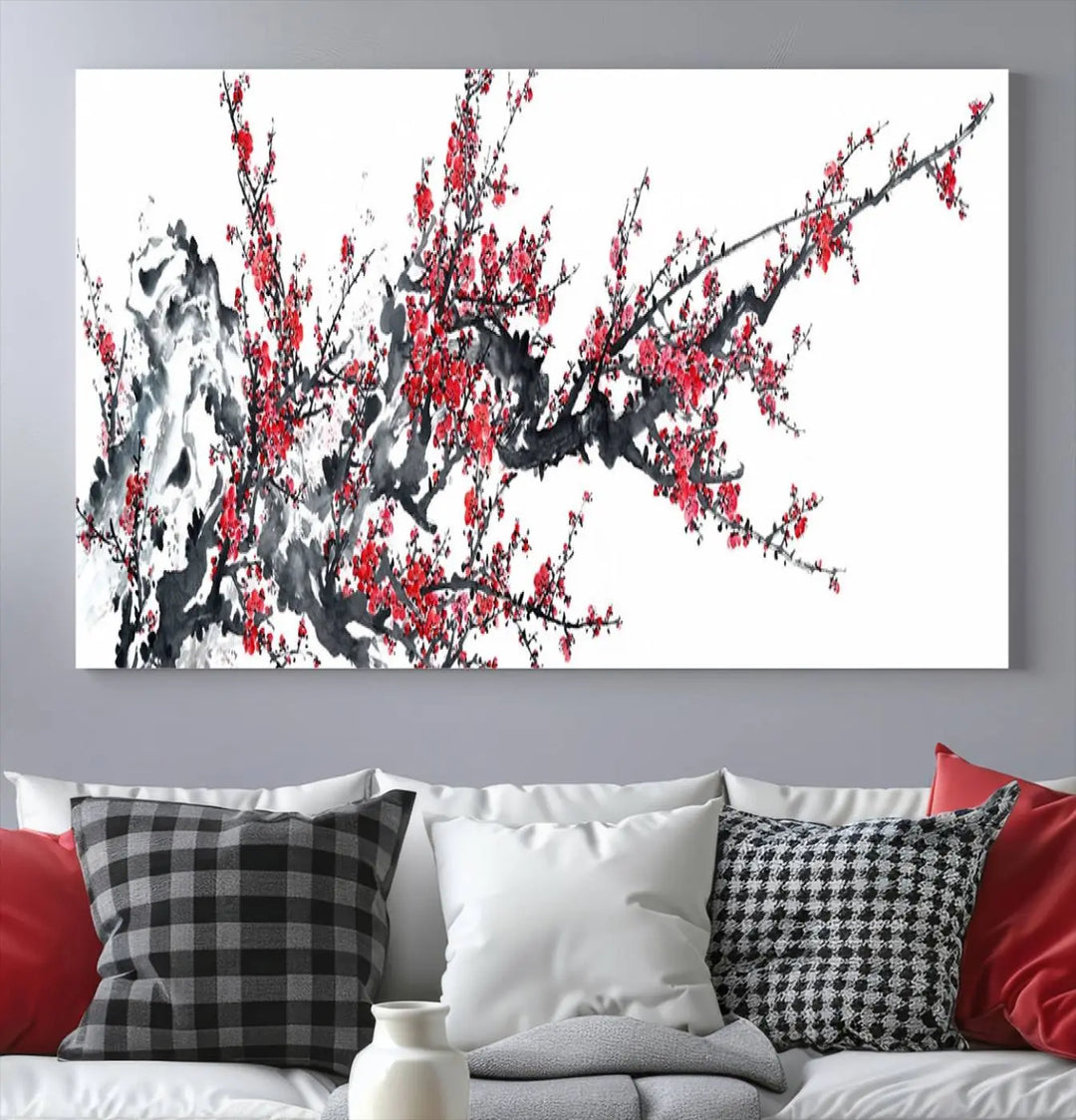 The "Beautiful Cherry Blossom Canvas Print Wall Art" showcases vibrant red cherry blossoms on a monochrome background, featuring museum-quality canvases and a gallery-wrapped finish.