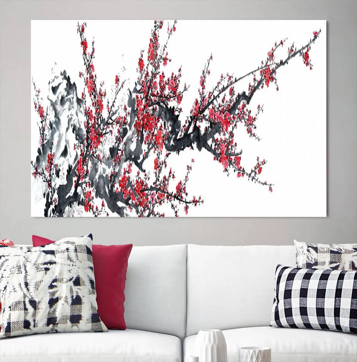 The "Beautiful Cherry Blossom Canvas Print Wall Art" showcases vibrant red cherry blossoms on a monochrome background, featuring museum-quality canvases and a gallery-wrapped finish.