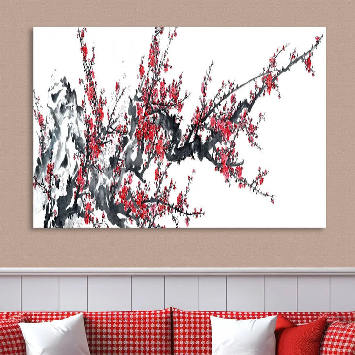 The "Beautiful Cherry Blossom Canvas Print Wall Art" showcases vibrant red cherry blossoms on a monochrome background, featuring museum-quality canvases and a gallery-wrapped finish.