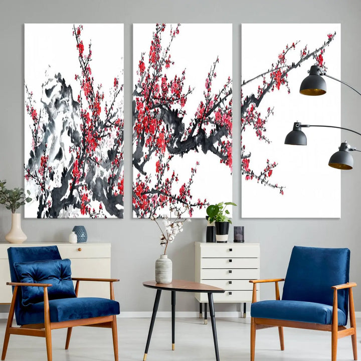 The "Beautiful Cherry Blossom Canvas Print Wall Art" showcases vibrant red cherry blossoms on a monochrome background, featuring museum-quality canvases and a gallery-wrapped finish.