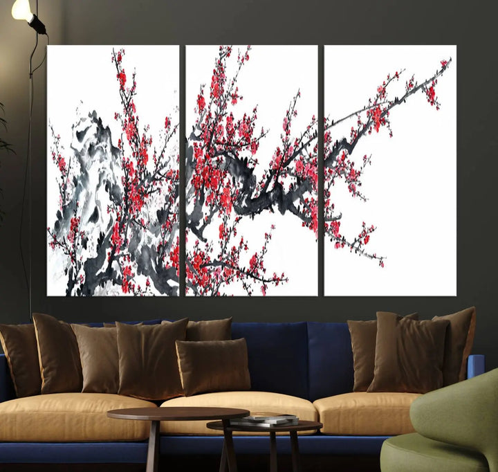 The "Beautiful Cherry Blossom Canvas Print Wall Art" showcases vibrant red cherry blossoms on a monochrome background, featuring museum-quality canvases and a gallery-wrapped finish.