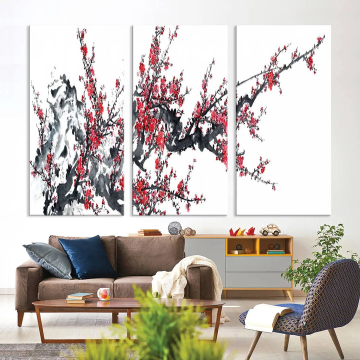 The "Beautiful Cherry Blossom Canvas Print Wall Art" showcases vibrant red cherry blossoms on a monochrome background, featuring museum-quality canvases and a gallery-wrapped finish.