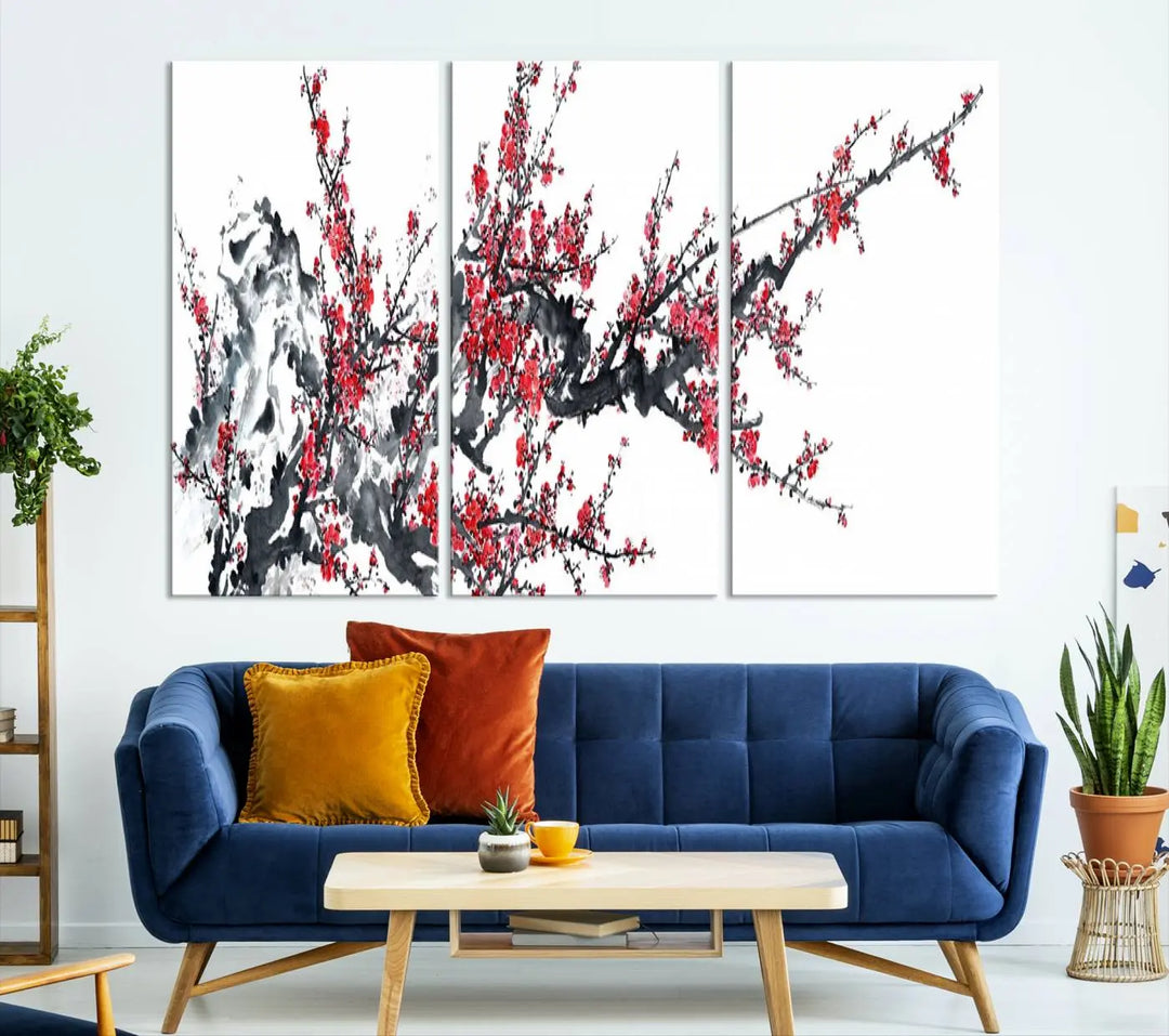 The "Beautiful Cherry Blossom Canvas Print Wall Art" showcases vibrant red cherry blossoms on a monochrome background, featuring museum-quality canvases and a gallery-wrapped finish.