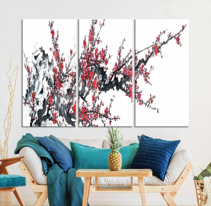 The "Beautiful Cherry Blossom Canvas Print Wall Art" showcases vibrant red cherry blossoms on a monochrome background, featuring museum-quality canvases and a gallery-wrapped finish.