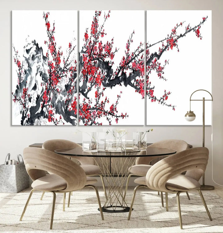 The "Beautiful Cherry Blossom Canvas Print Wall Art" showcases vibrant red cherry blossoms on a monochrome background, featuring museum-quality canvases and a gallery-wrapped finish.