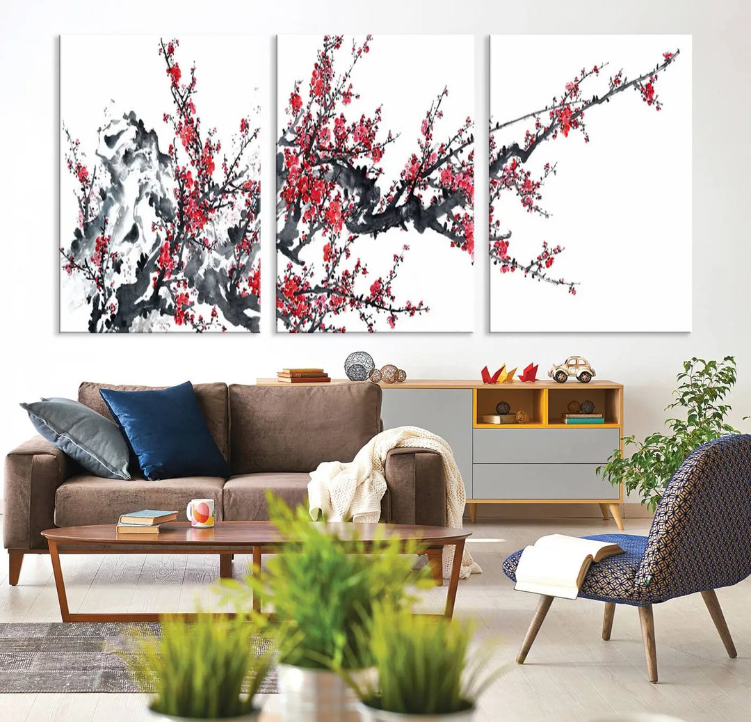 The "Beautiful Cherry Blossom Canvas Print Wall Art" showcases vibrant red cherry blossoms on a monochrome background, featuring museum-quality canvases and a gallery-wrapped finish.