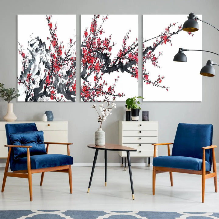 The "Beautiful Cherry Blossom Canvas Print Wall Art" showcases vibrant red cherry blossoms on a monochrome background, featuring museum-quality canvases and a gallery-wrapped finish.