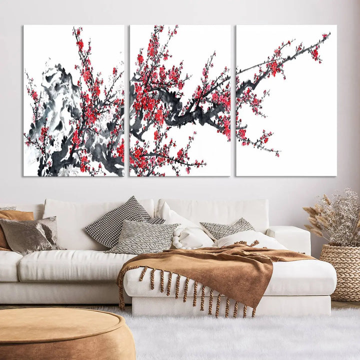 The "Beautiful Cherry Blossom Canvas Print Wall Art" showcases vibrant red cherry blossoms on a monochrome background, featuring museum-quality canvases and a gallery-wrapped finish.