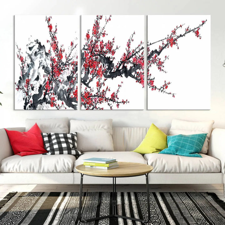 The "Beautiful Cherry Blossom Canvas Print Wall Art" showcases vibrant red cherry blossoms on a monochrome background, featuring museum-quality canvases and a gallery-wrapped finish.