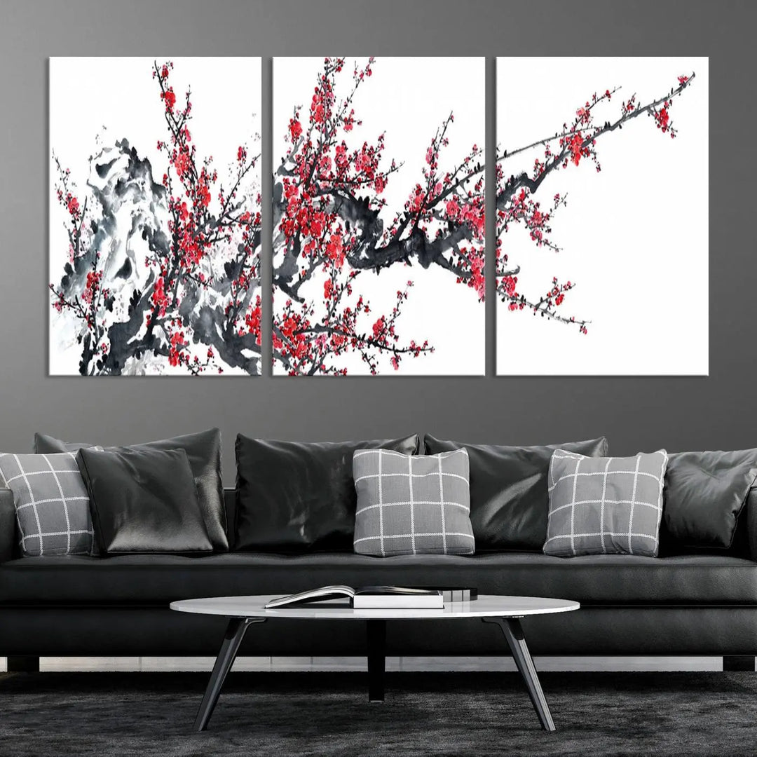 The "Beautiful Cherry Blossom Canvas Print Wall Art" showcases vibrant red cherry blossoms on a monochrome background, featuring museum-quality canvases and a gallery-wrapped finish.