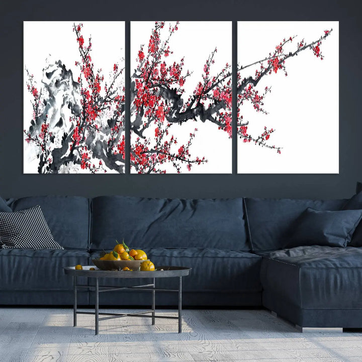 The "Beautiful Cherry Blossom Canvas Print Wall Art" showcases vibrant red cherry blossoms on a monochrome background, featuring museum-quality canvases and a gallery-wrapped finish.