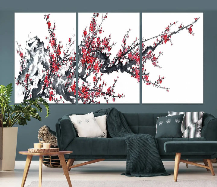 The "Beautiful Cherry Blossom Canvas Print Wall Art" showcases vibrant red cherry blossoms on a monochrome background, featuring museum-quality canvases and a gallery-wrapped finish.