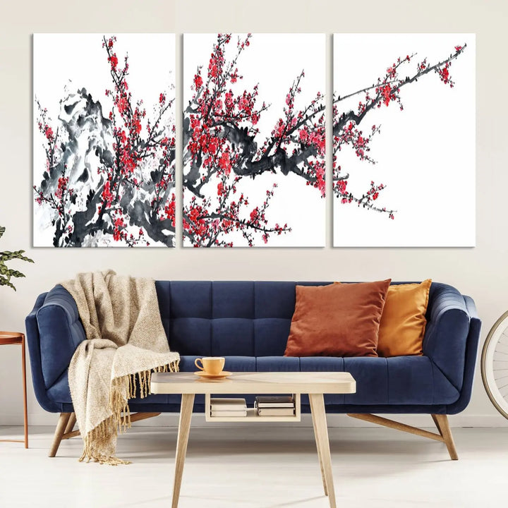 The "Beautiful Cherry Blossom Canvas Print Wall Art" showcases vibrant red cherry blossoms on a monochrome background, featuring museum-quality canvases and a gallery-wrapped finish.