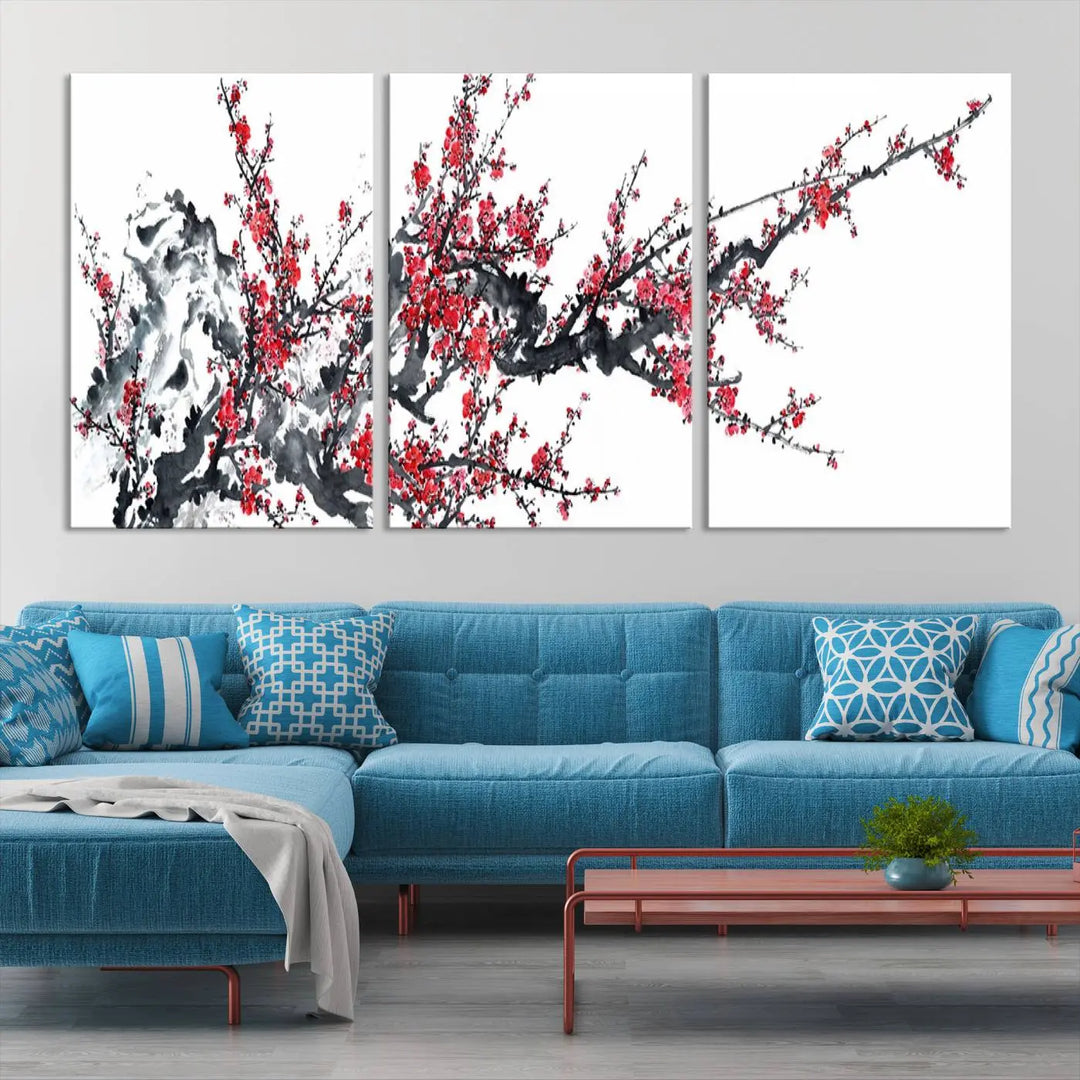 The "Beautiful Cherry Blossom Canvas Print Wall Art" showcases vibrant red cherry blossoms on a monochrome background, featuring museum-quality canvases and a gallery-wrapped finish.