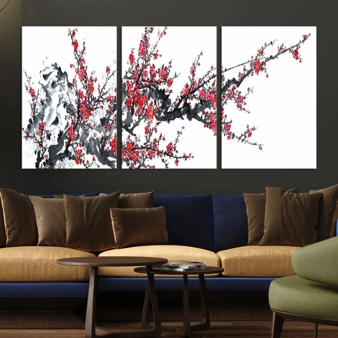 The "Beautiful Cherry Blossom Canvas Print Wall Art" showcases vibrant red cherry blossoms on a monochrome background, featuring museum-quality canvases and a gallery-wrapped finish.