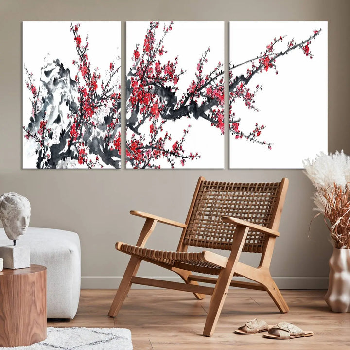 The "Beautiful Cherry Blossom Canvas Print Wall Art" showcases vibrant red cherry blossoms on a monochrome background, featuring museum-quality canvases and a gallery-wrapped finish.