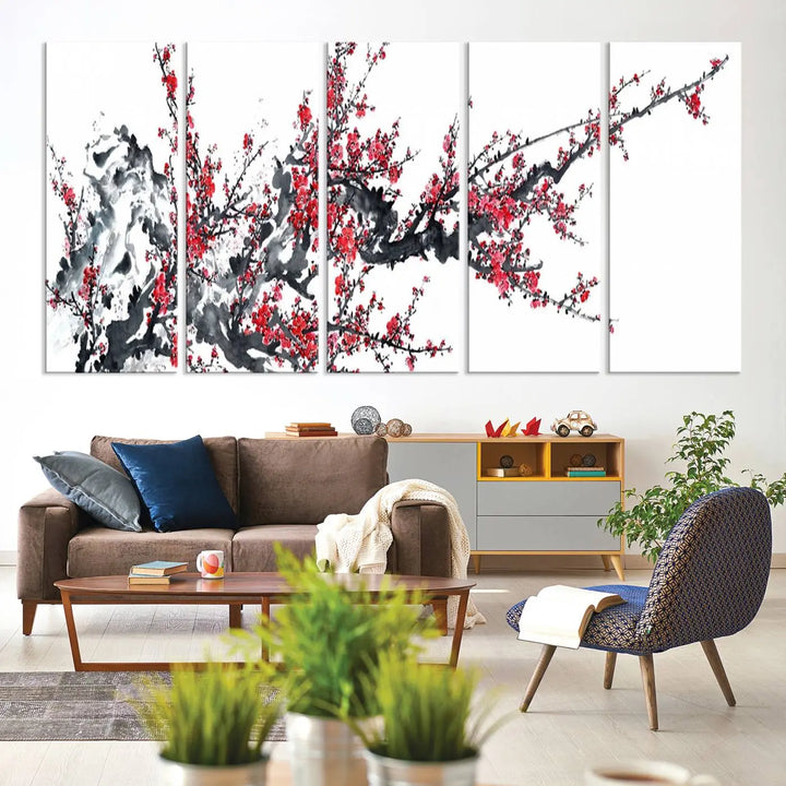 The "Beautiful Cherry Blossom Canvas Print Wall Art" showcases vibrant red cherry blossoms on a monochrome background, featuring museum-quality canvases and a gallery-wrapped finish.