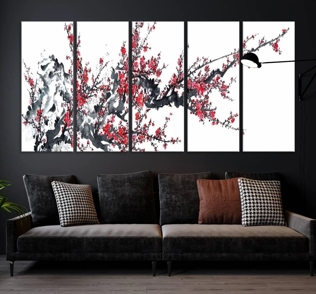 The "Beautiful Cherry Blossom Canvas Print Wall Art" showcases vibrant red cherry blossoms on a monochrome background, featuring museum-quality canvases and a gallery-wrapped finish.