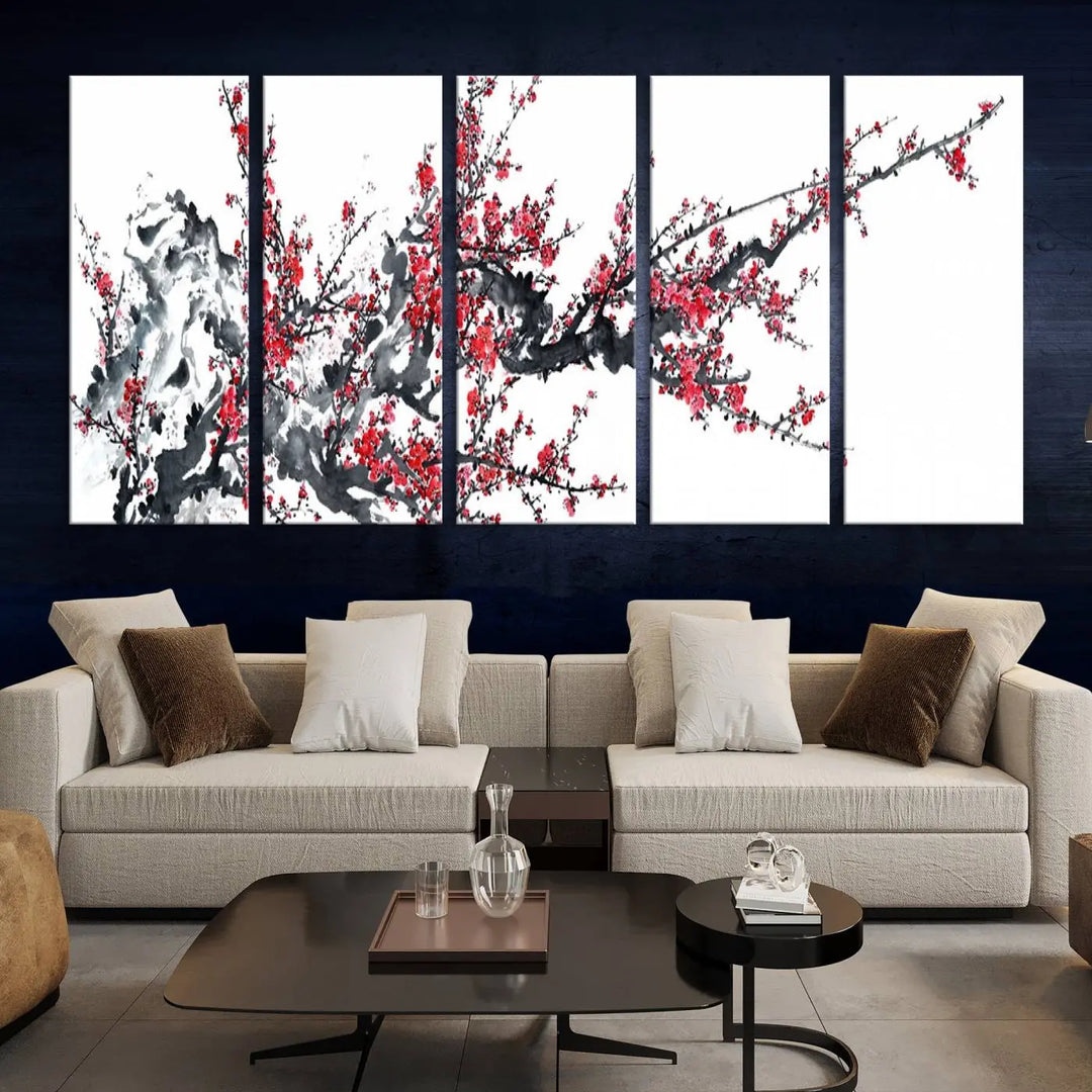 The "Beautiful Cherry Blossom Canvas Print Wall Art" showcases vibrant red cherry blossoms on a monochrome background, featuring museum-quality canvases and a gallery-wrapped finish.