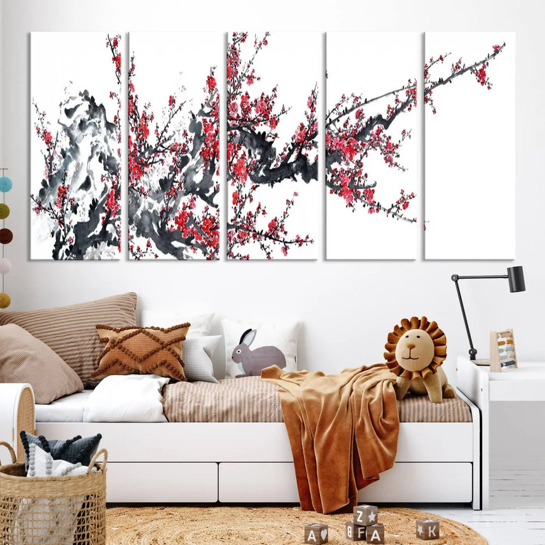 The "Beautiful Cherry Blossom Canvas Print Wall Art" showcases vibrant red cherry blossoms on a monochrome background, featuring museum-quality canvases and a gallery-wrapped finish.