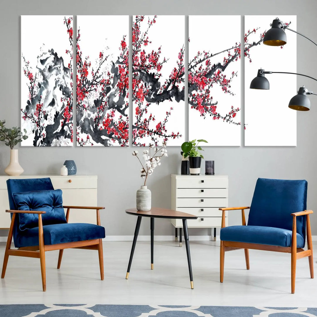 The "Beautiful Cherry Blossom Canvas Print Wall Art" showcases vibrant red cherry blossoms on a monochrome background, featuring museum-quality canvases and a gallery-wrapped finish.