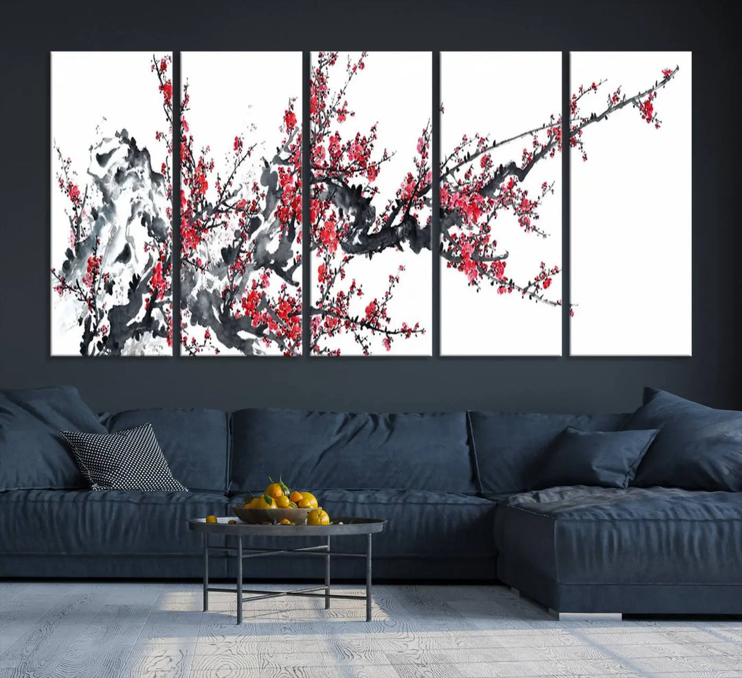 The "Beautiful Cherry Blossom Canvas Print Wall Art" showcases vibrant red cherry blossoms on a monochrome background, featuring museum-quality canvases and a gallery-wrapped finish.