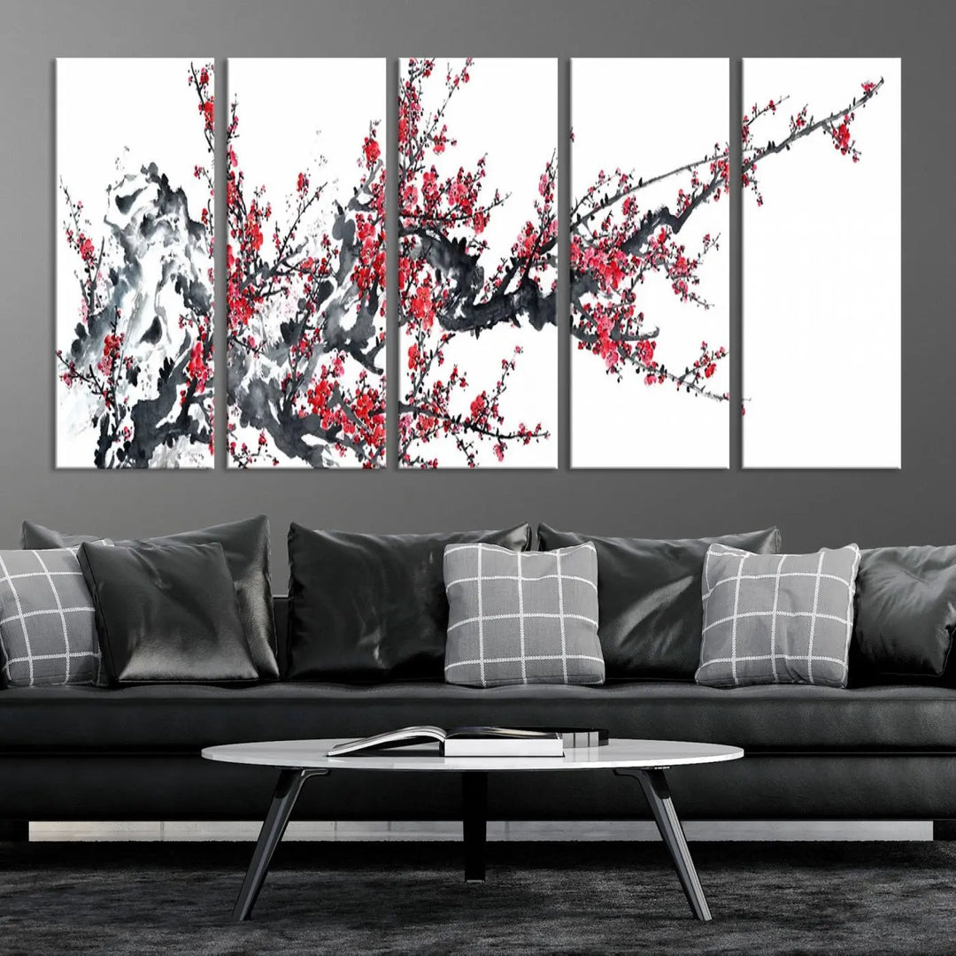 The "Beautiful Cherry Blossom Canvas Print Wall Art" showcases vibrant red cherry blossoms on a monochrome background, featuring museum-quality canvases and a gallery-wrapped finish.