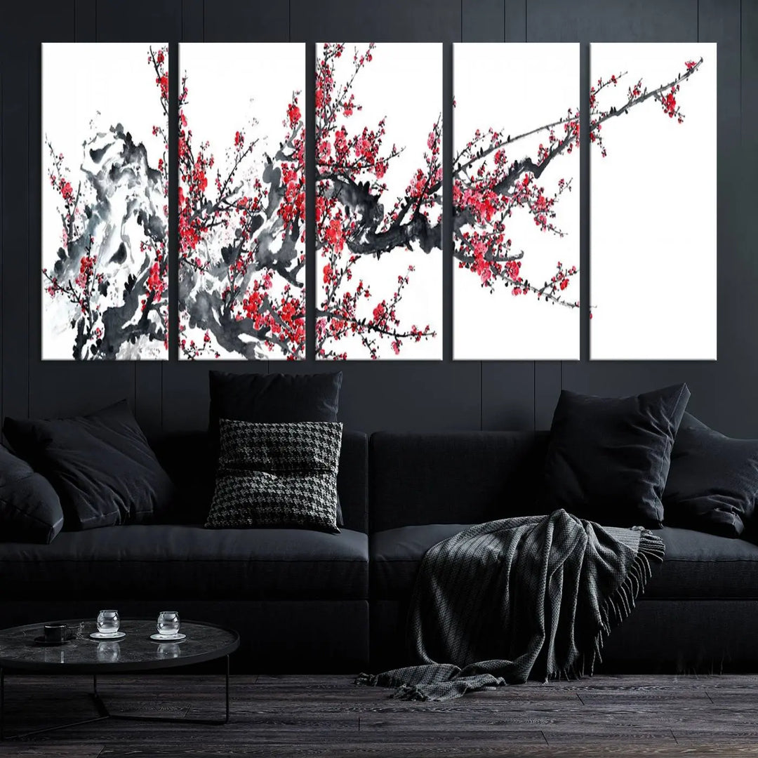 The "Beautiful Cherry Blossom Canvas Print Wall Art" showcases vibrant red cherry blossoms on a monochrome background, featuring museum-quality canvases and a gallery-wrapped finish.